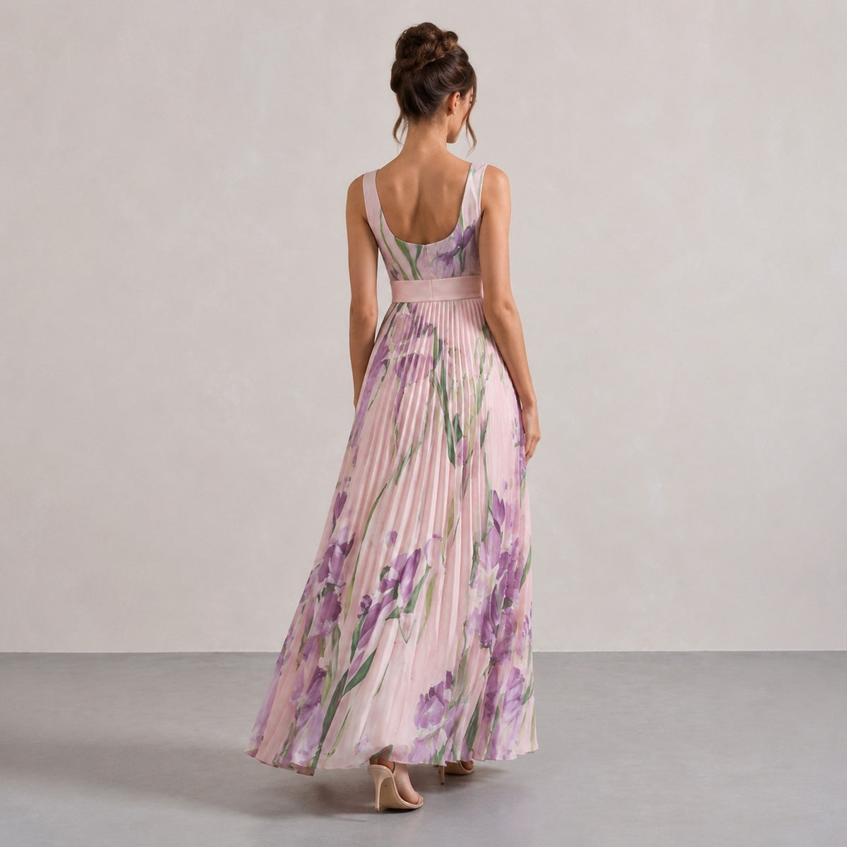 Floral Chiffon Square Neck Pleated Maxi Dress