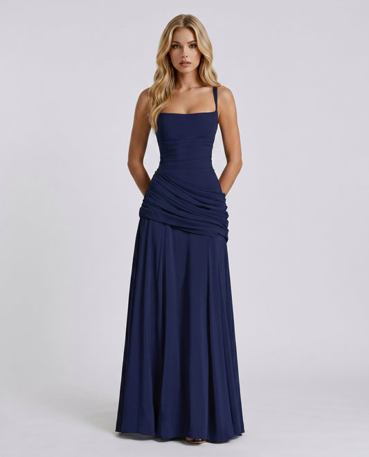 Ruched Drop Waist Square Neck Maxi Dress in Navy