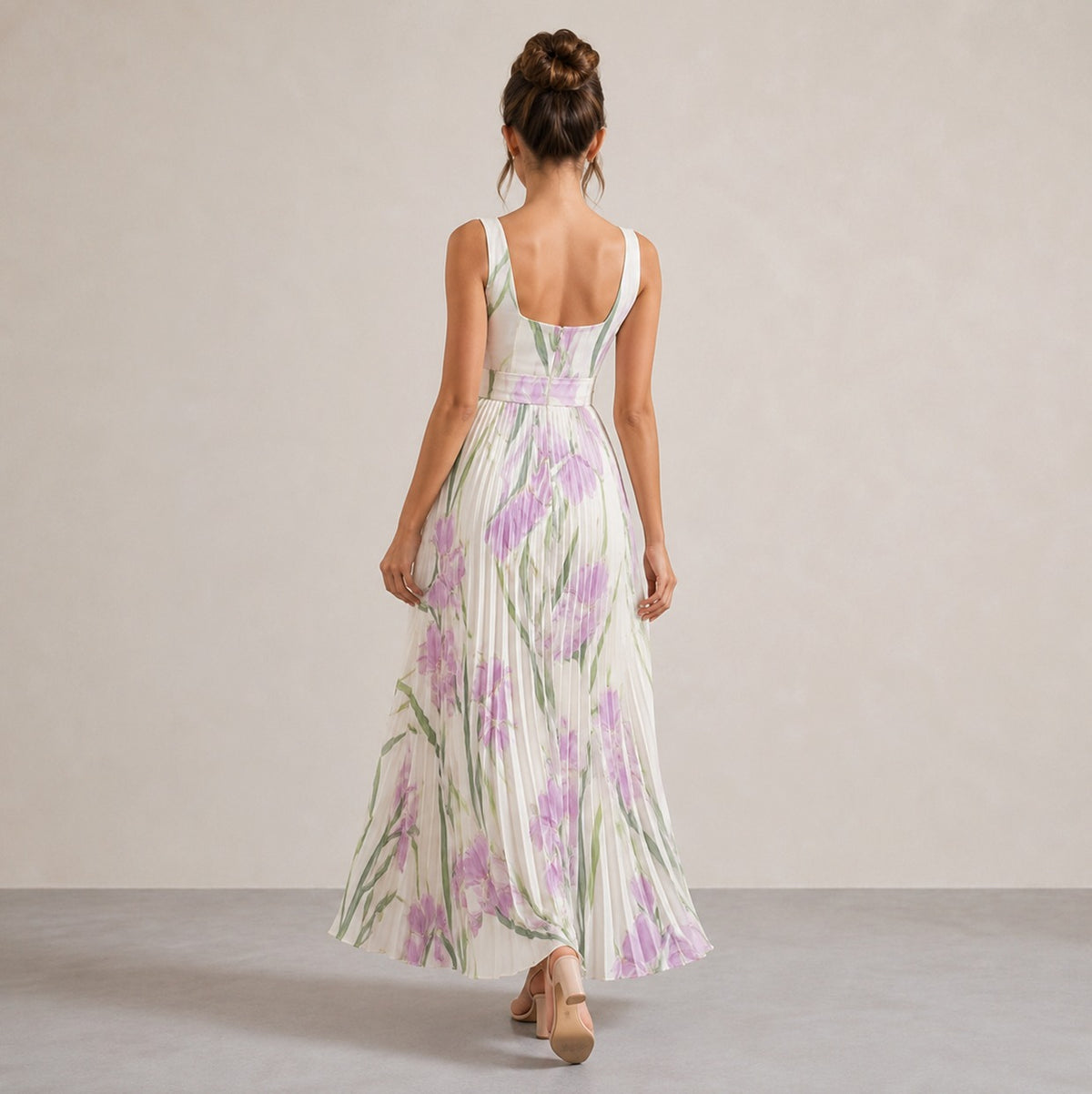 Floral Chiffon Square Neck Pleated Maxi Dress