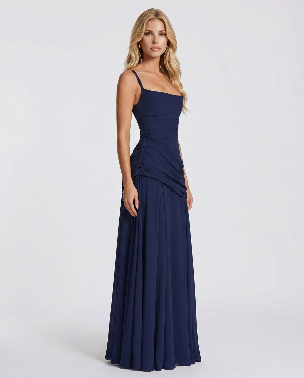 Ruched Drop Waist Square Neck Maxi Dress