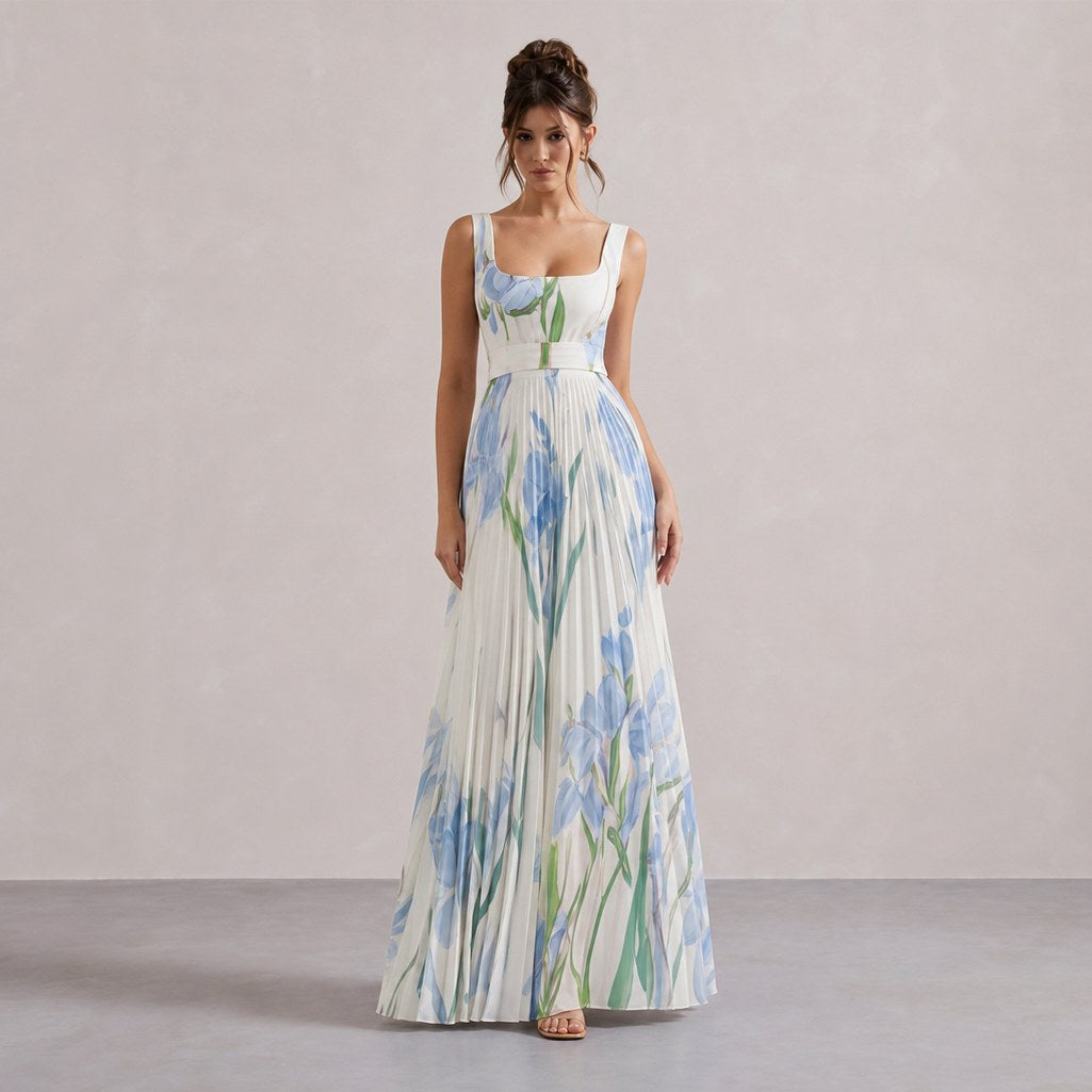 Floral Chiffon Square Neck Pleated Maxi Dress in White Blue