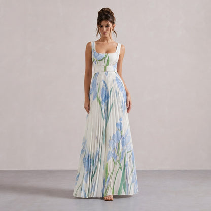 Floral Chiffon Square Neck Pleated Maxi Dress in White Blue