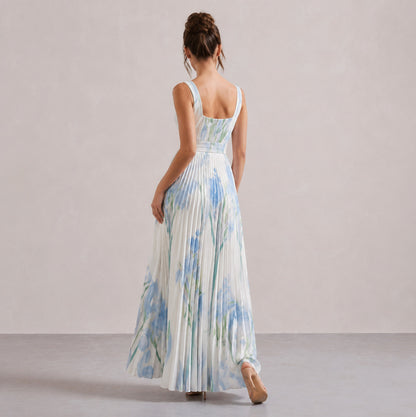 Floral Chiffon Square Neck Pleated Maxi Dress