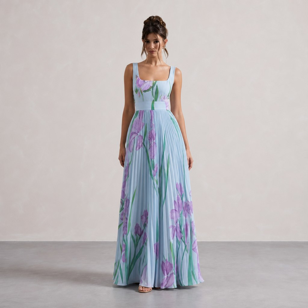 Floral Chiffon Square Neck Pleated Maxi Dress in Blue Purple