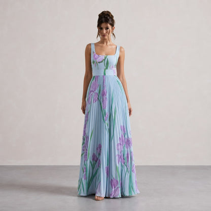 Floral Chiffon Square Neck Pleated Maxi Dress in Blue Purple