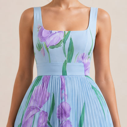 Floral Chiffon Square Neck Pleated Maxi Dress