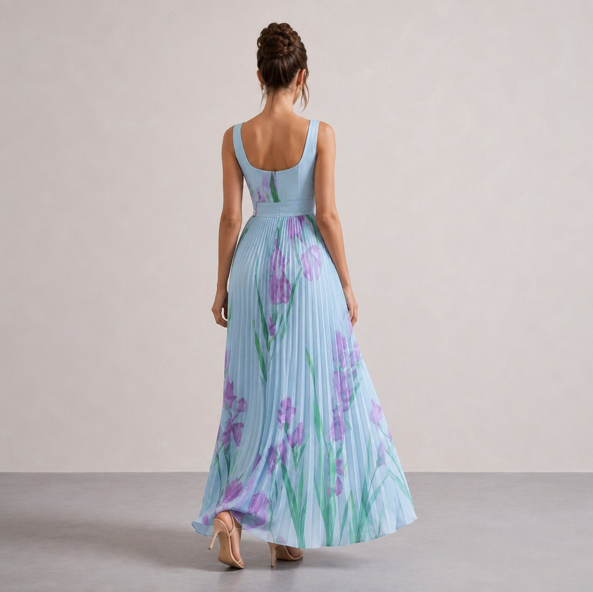 Floral Chiffon Square Neck Pleated Maxi Dress