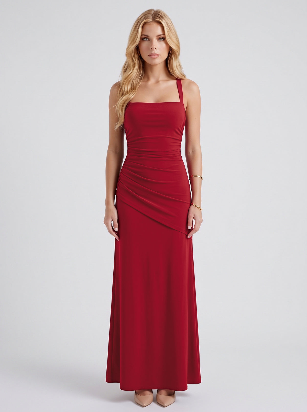 Square Neck Ruched Maxi Dress in Burgundy