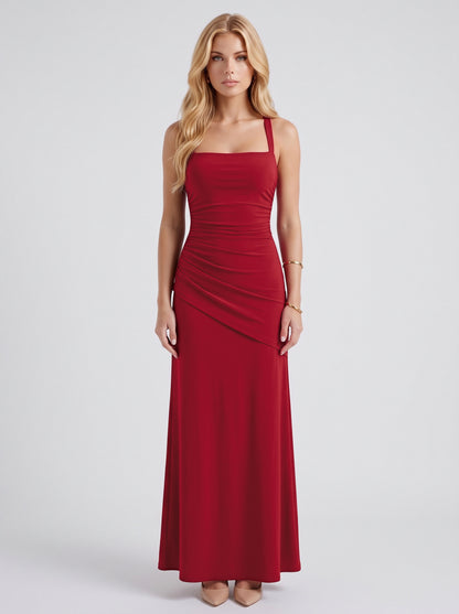 Square Neck Ruched Maxi Dress in Burgundy