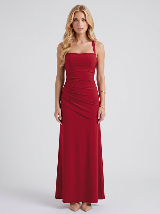 Square Neck Ruched Maxi Dress in Burgundy