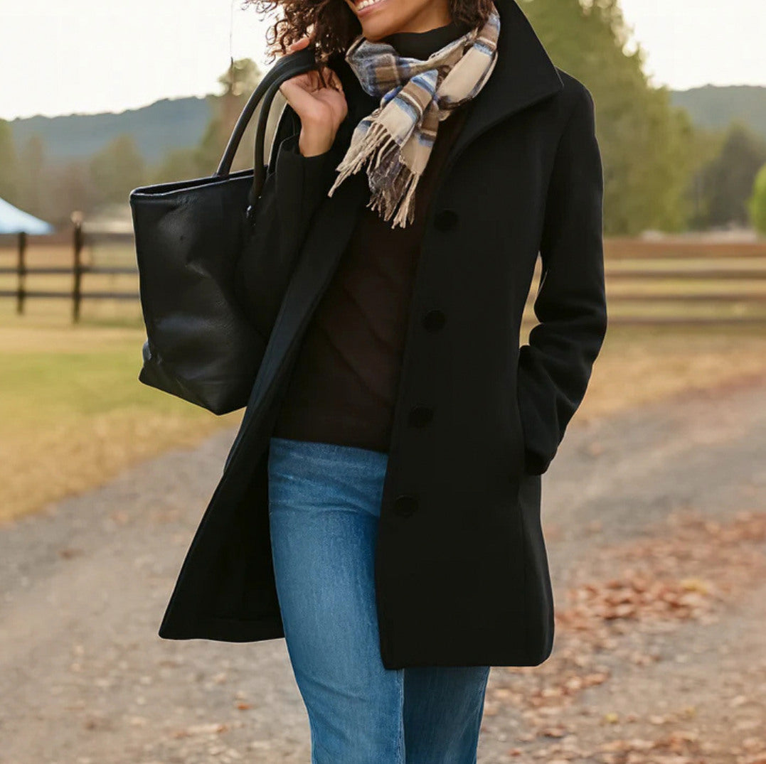 Stand Collar Button Front Coat in Black