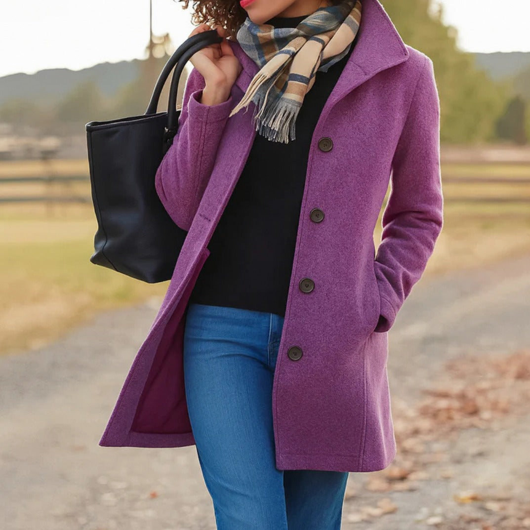 Stand Collar Button Front Coat in Purple