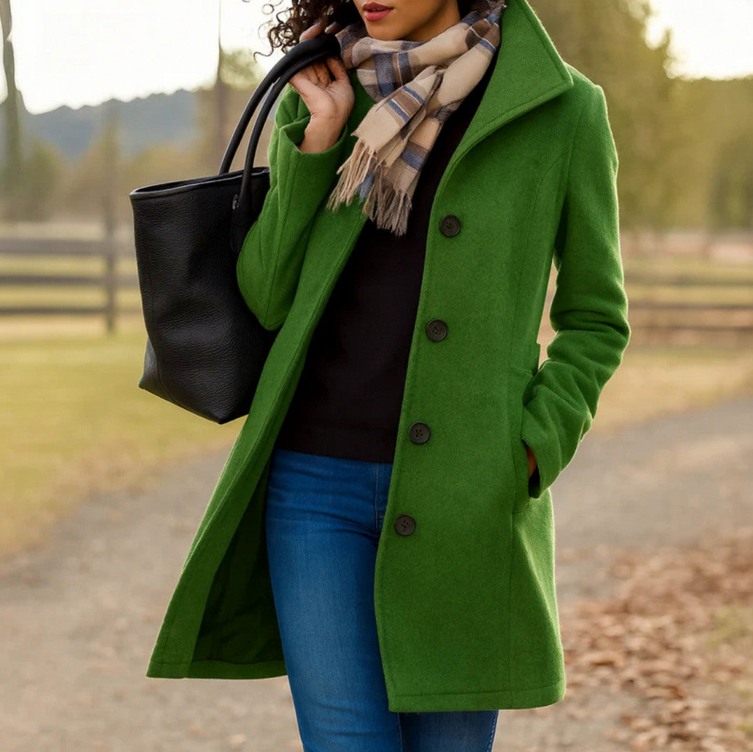 Stand Collar Button Front Coat in Green