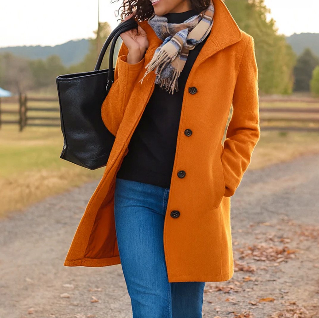 Stand Collar Button Front Coat in Orange