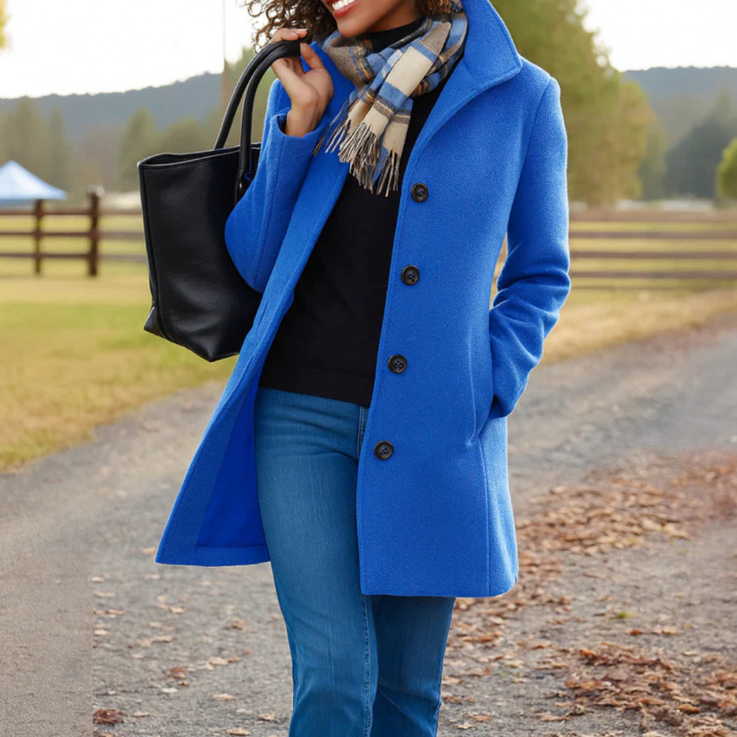Stand Collar Button Front Coat in Blue