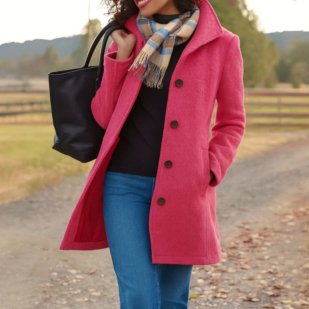 Stand Collar Button Front Coat in Pink