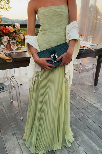Strapless Pleated Chiffon Maxi Dress in Green
