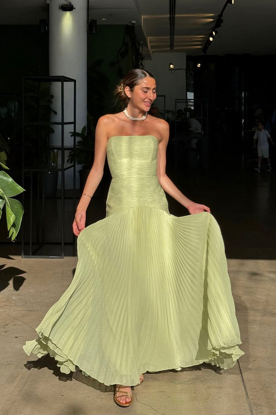 Strapless Pleated Chiffon Maxi Dress