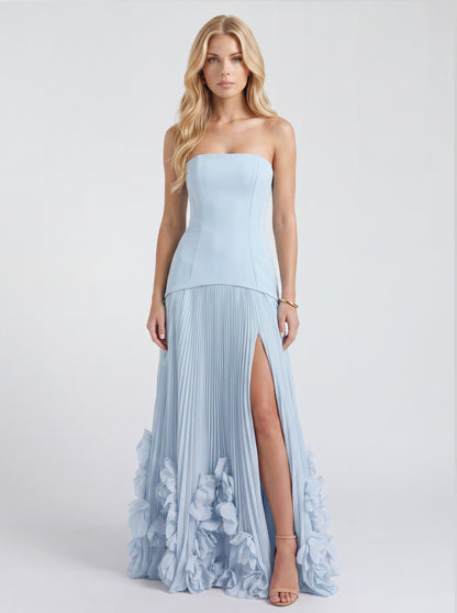 Strapless Pleated Drop Waist Maxi Dress in Light Blue