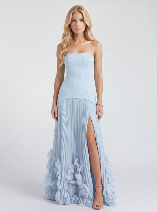 Strapless Pleated Drop Waist Maxi Dress in Light Blue