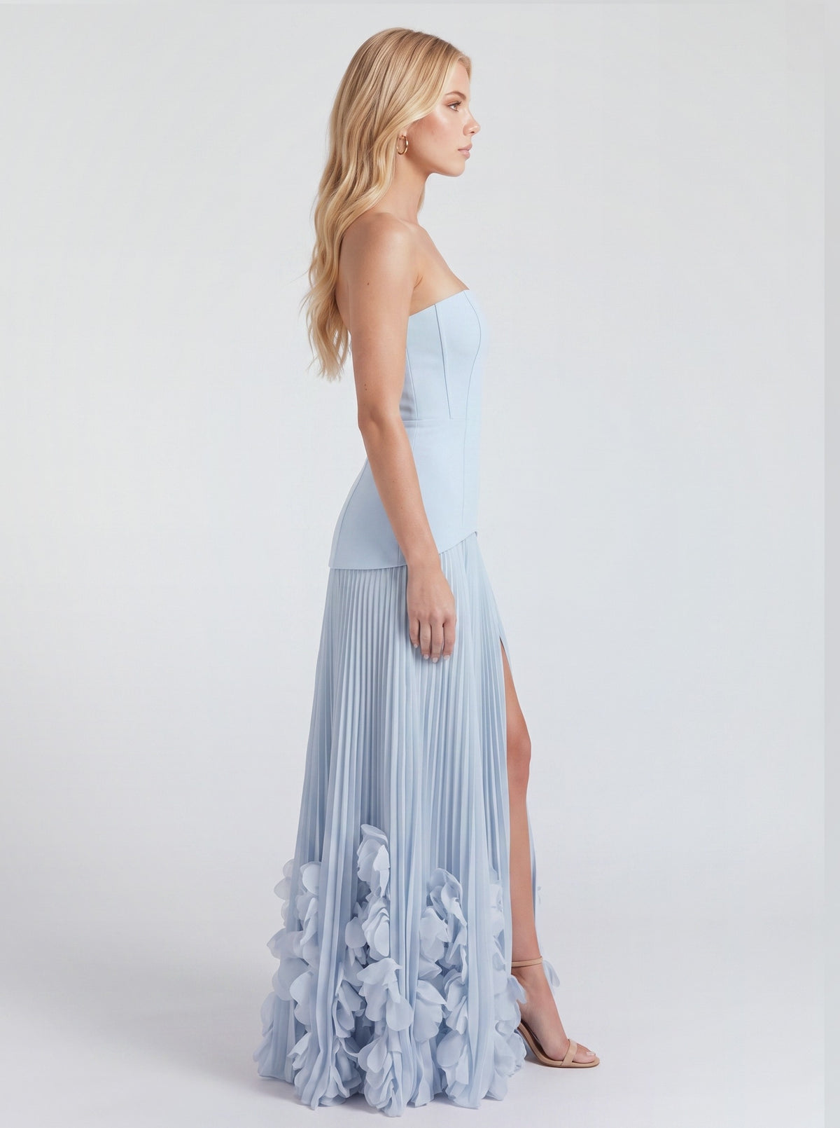 Strapless Pleated Drop Waist Maxi Dress