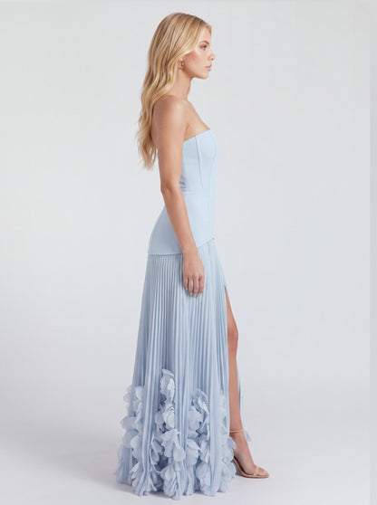 Strapless Pleated Drop Waist Maxi Dress