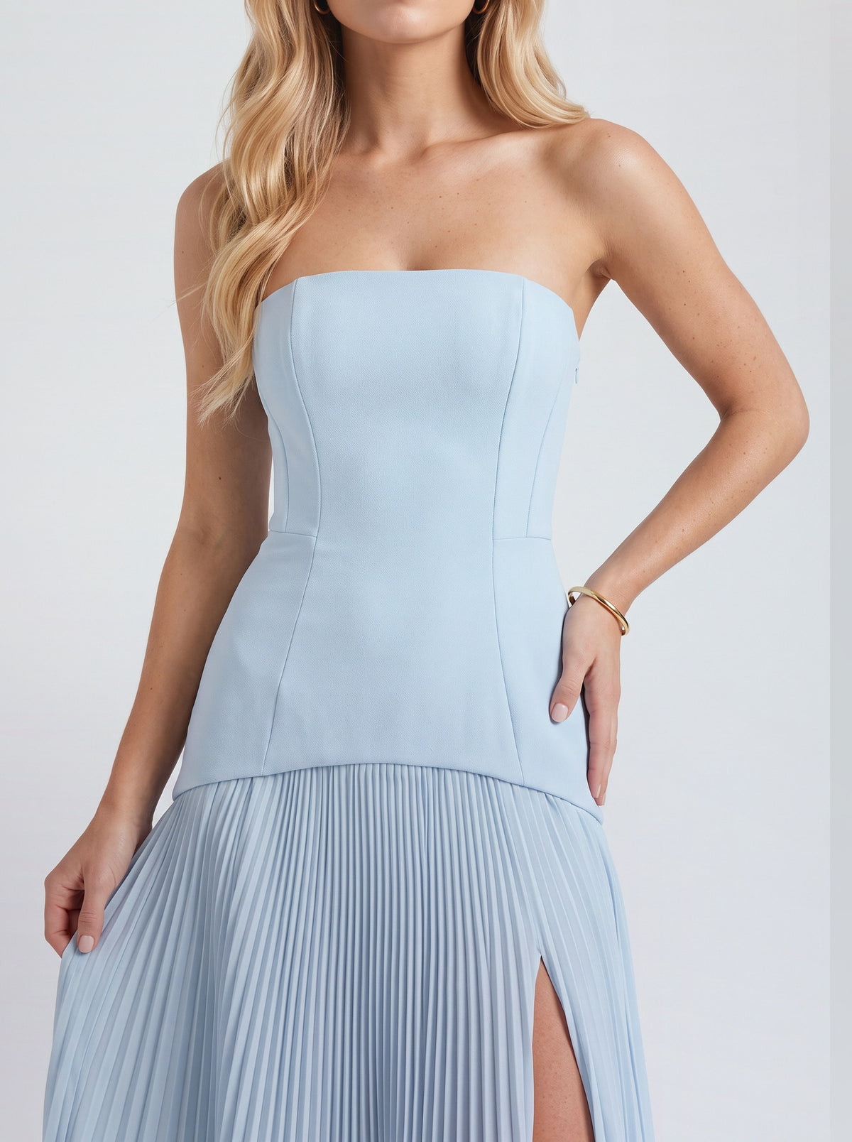Strapless Pleated Drop Waist Maxi Dress