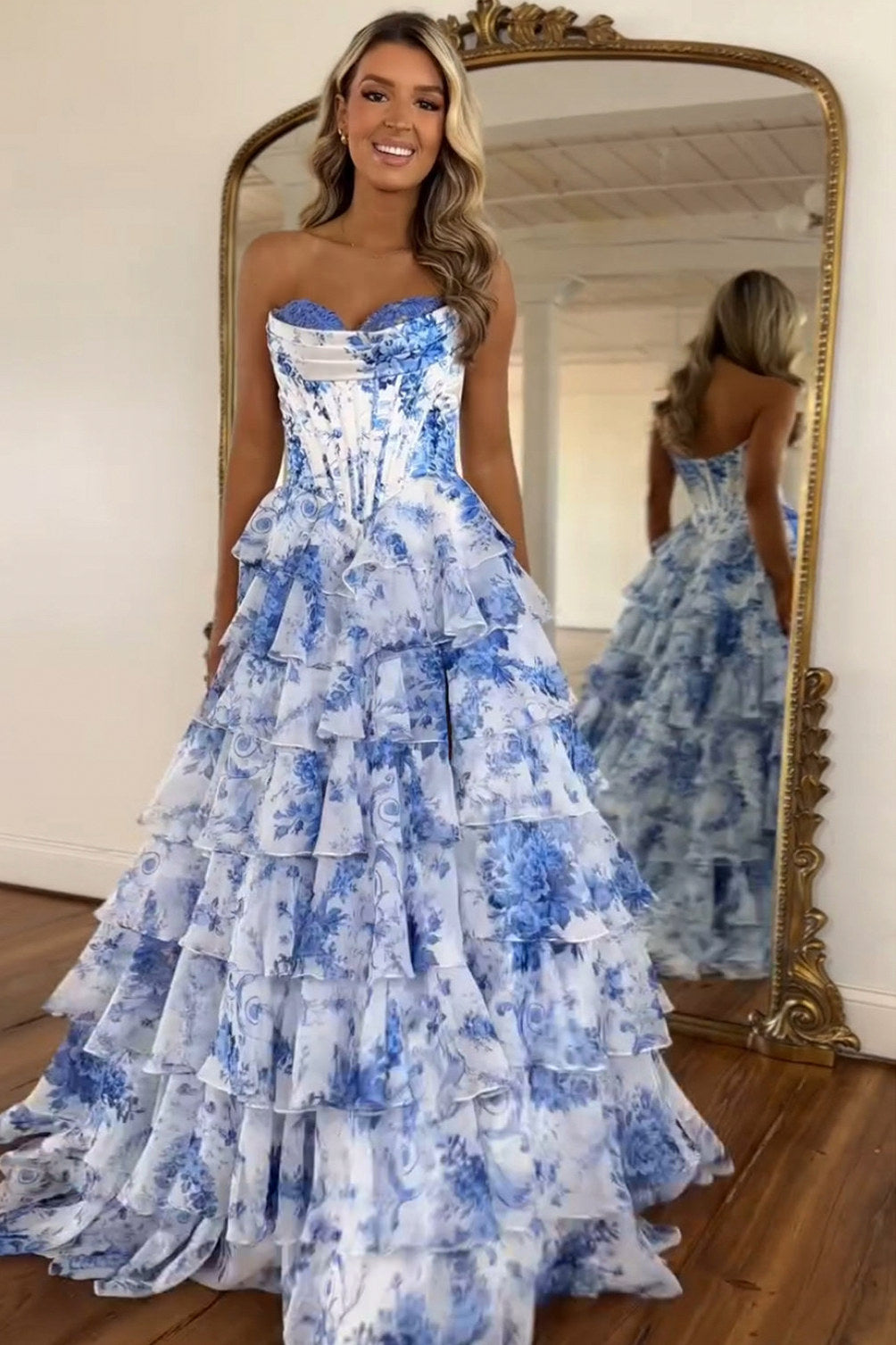 Strapless Tiered Corset Maxi Dress in Blue