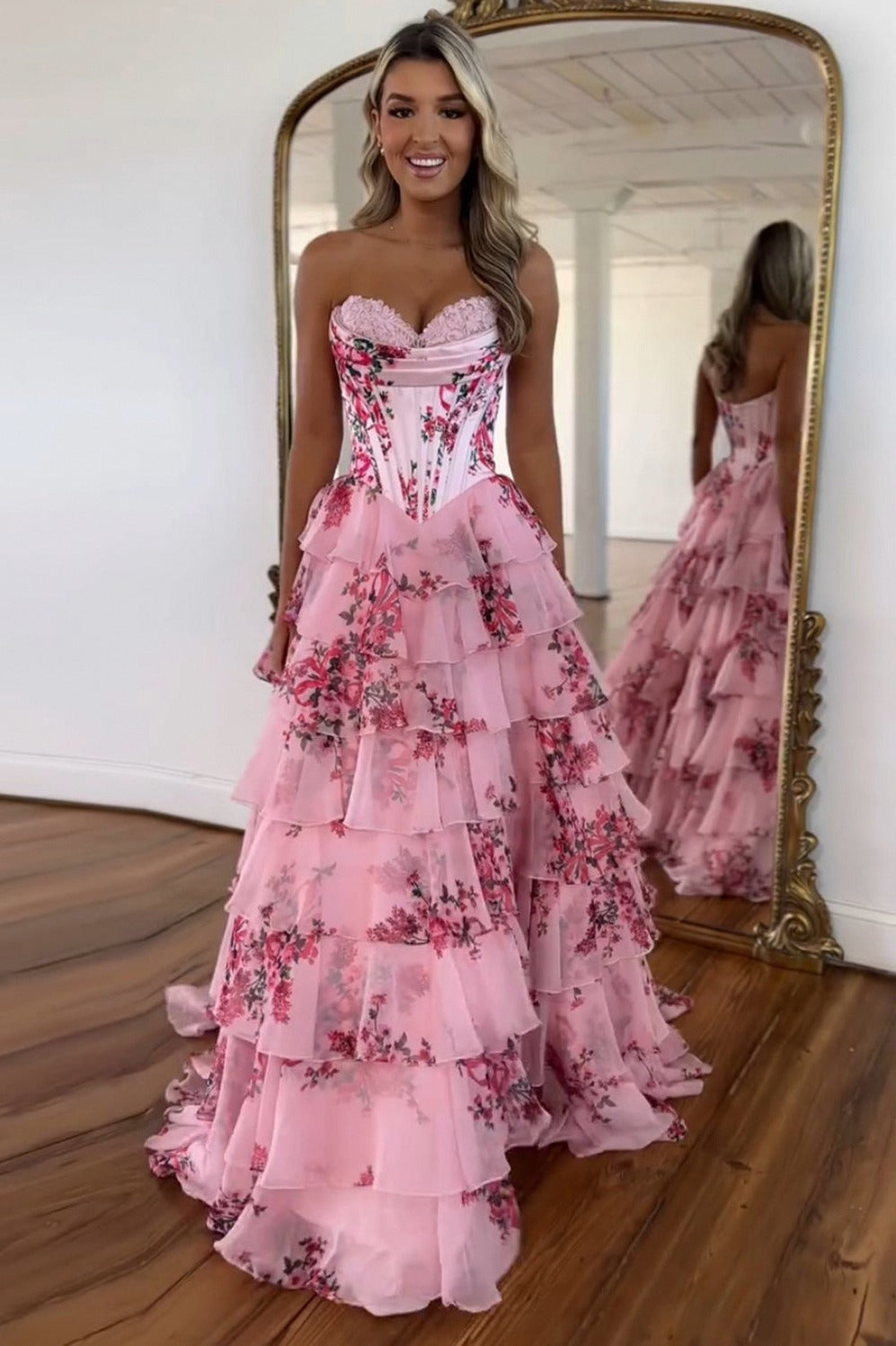 Strapless Tiered Corset Maxi Dress in Blush