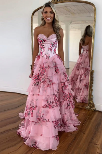 Strapless Tiered Corset Maxi Dress in Blush