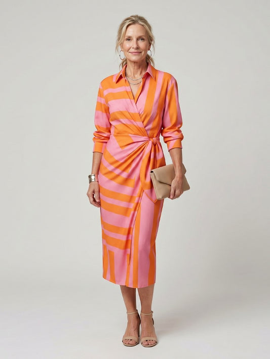 Printed Long Sleeve Twist Wrap Midi Dress in Striped