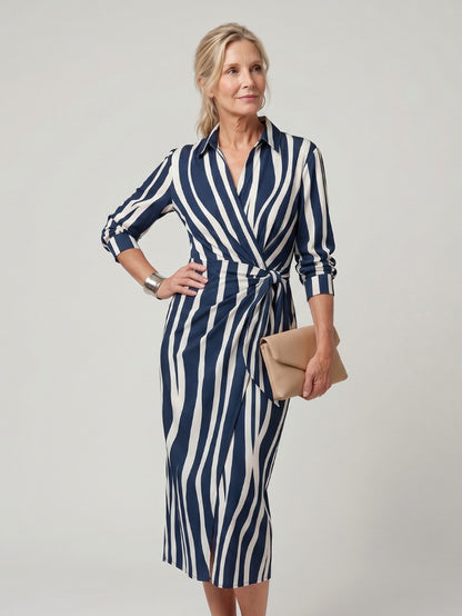 Printed Long Sleeve Twist Wrap Midi Dress in Navy