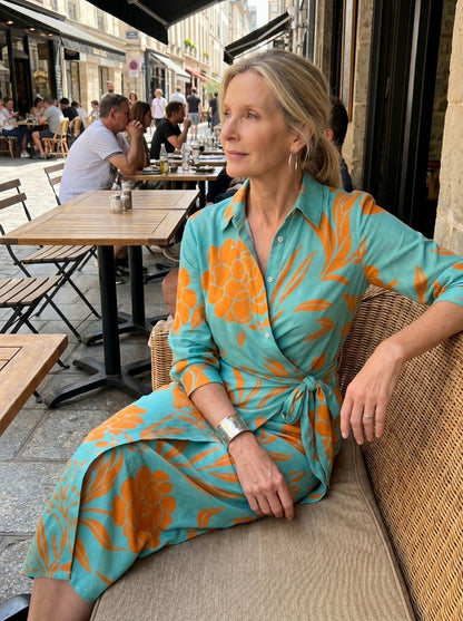 Printed Long Sleeve Twist Wrap Midi Dress