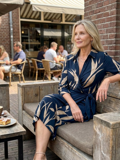 Printed Long Sleeve Twist Wrap Midi Dress