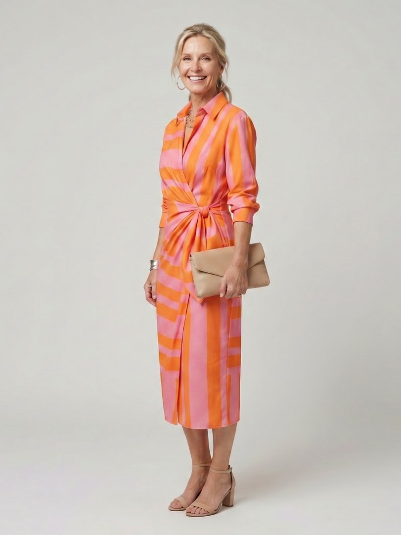 Printed Long Sleeve Twist Wrap Midi Dress