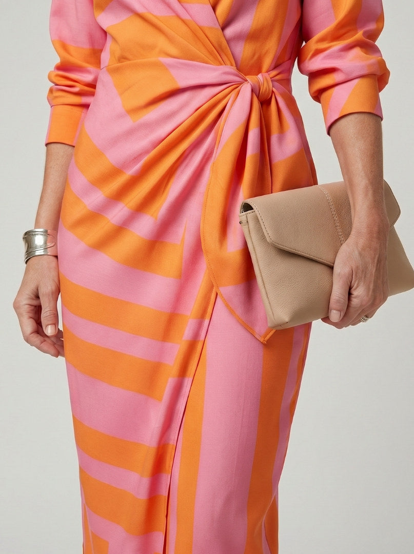 Printed Long Sleeve Twist Wrap Midi Dress