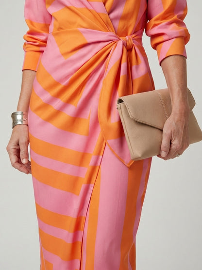 Printed Long Sleeve Twist Wrap Midi Dress