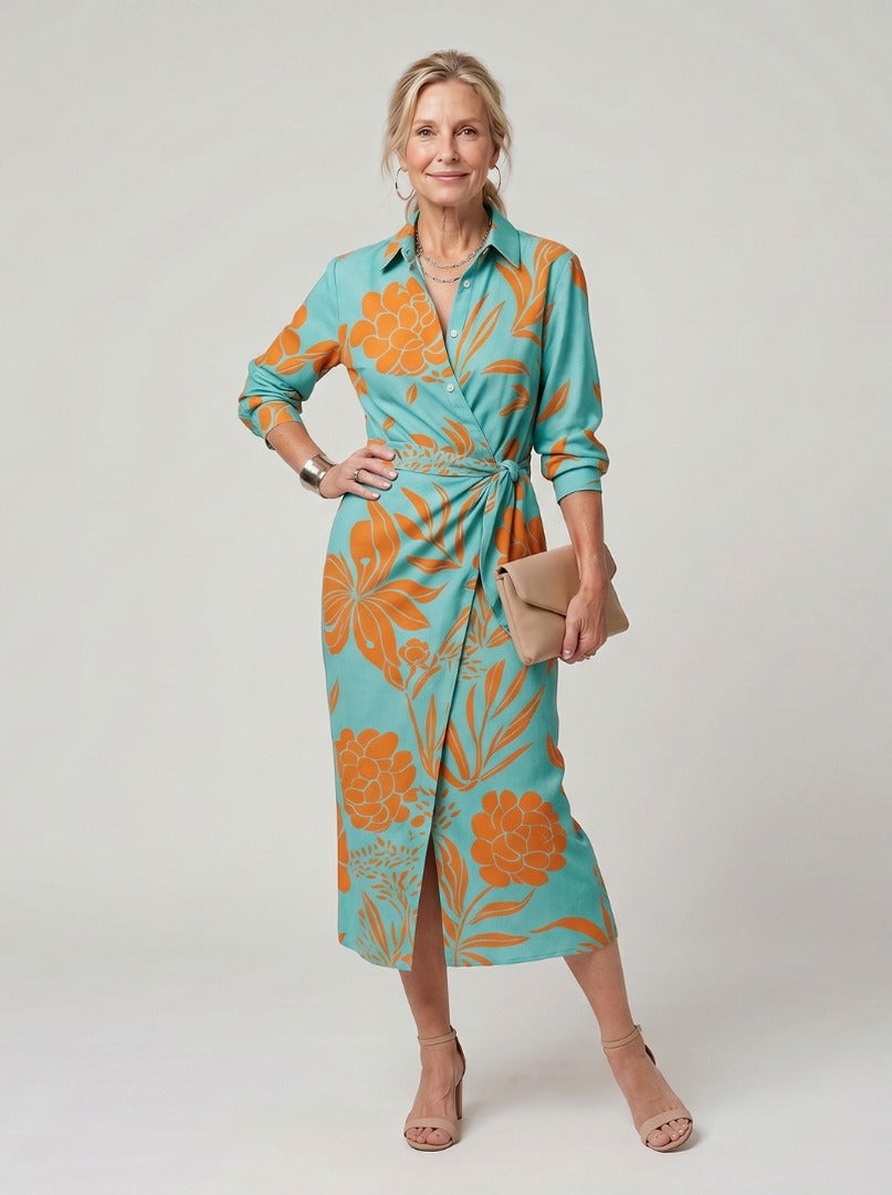 Printed Long Sleeve Twist Wrap Midi Dress in Turquoise