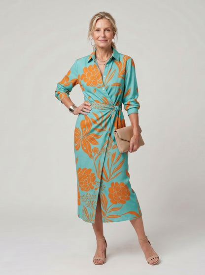 Printed Long Sleeve Twist Wrap Midi Dress in Turquoise