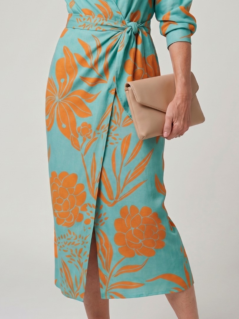 Printed Long Sleeve Twist Wrap Midi Dress