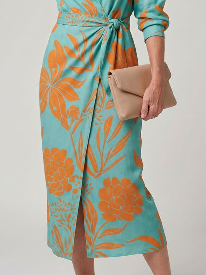 Printed Long Sleeve Twist Wrap Midi Dress