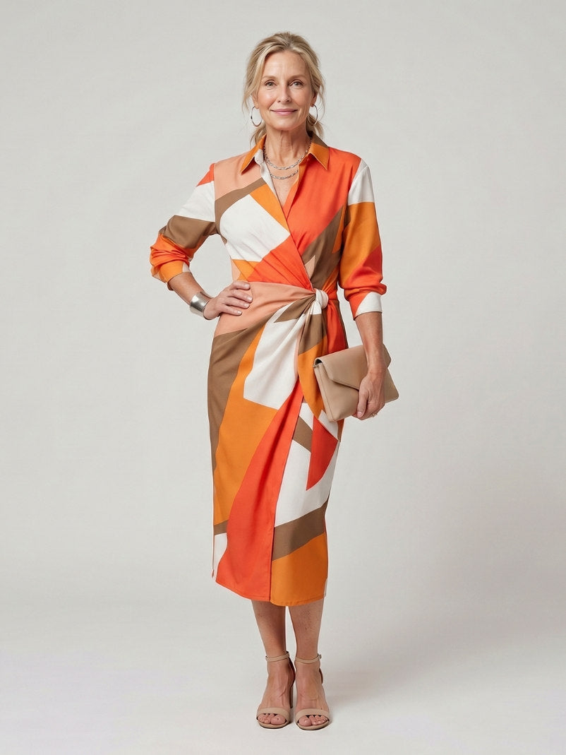 Printed Long Sleeve Twist Wrap Midi Dress in Orange