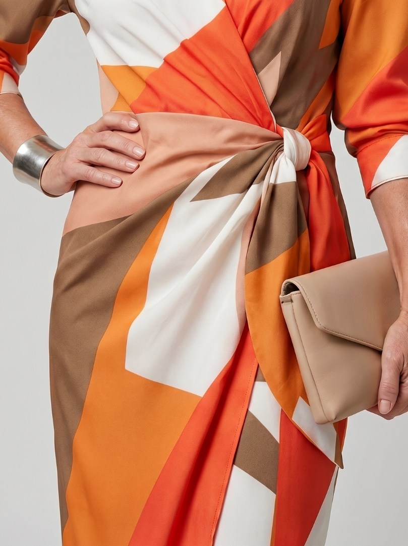 Printed Long Sleeve Twist Wrap Midi Dress