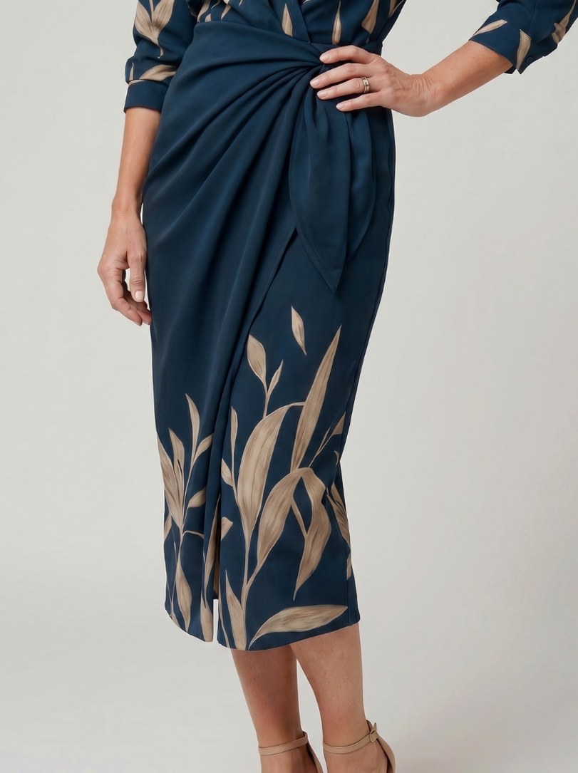 Printed Long Sleeve Twist Wrap Midi Dress