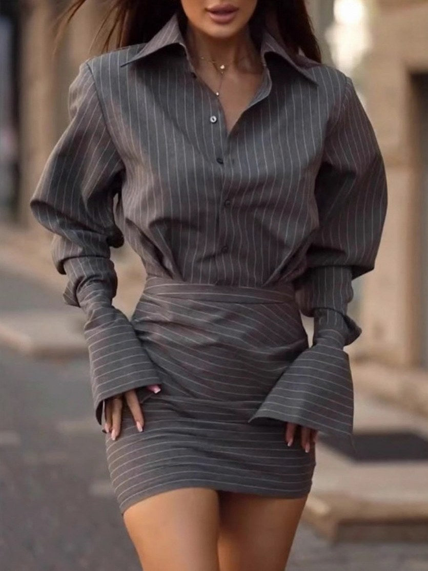 Striped Ruched Long Sleeve Shirt Dress