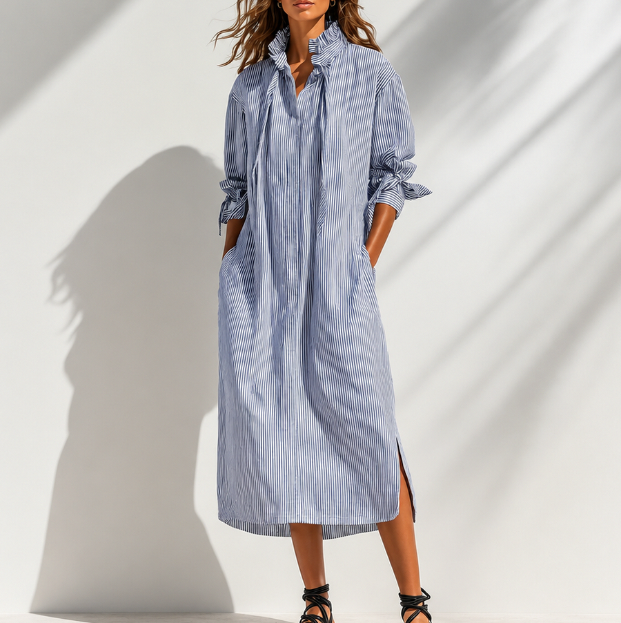 Striped Ruffle Collar Shirt Dress in Blue Stripe
