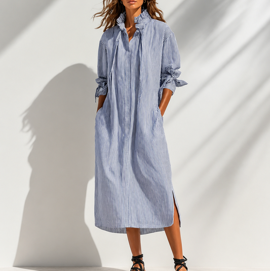 Striped Ruffle Collar Shirt Dress in Blue Stripe