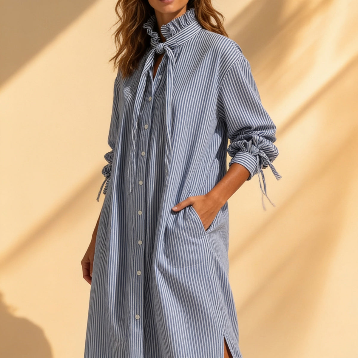 Striped Ruffle Collar Shirt Dress