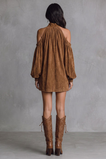 Faux Suede Cold Shoulder Mini Dress