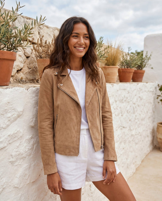 Hip Length Faux Suede Moto Jacket in Light Brown